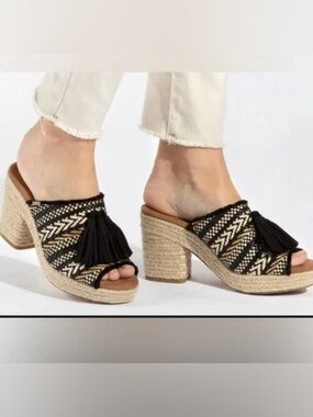Toms Junie Woven Espadrille Sandals Wide Boho Platform Mule Tassels Size 6.5